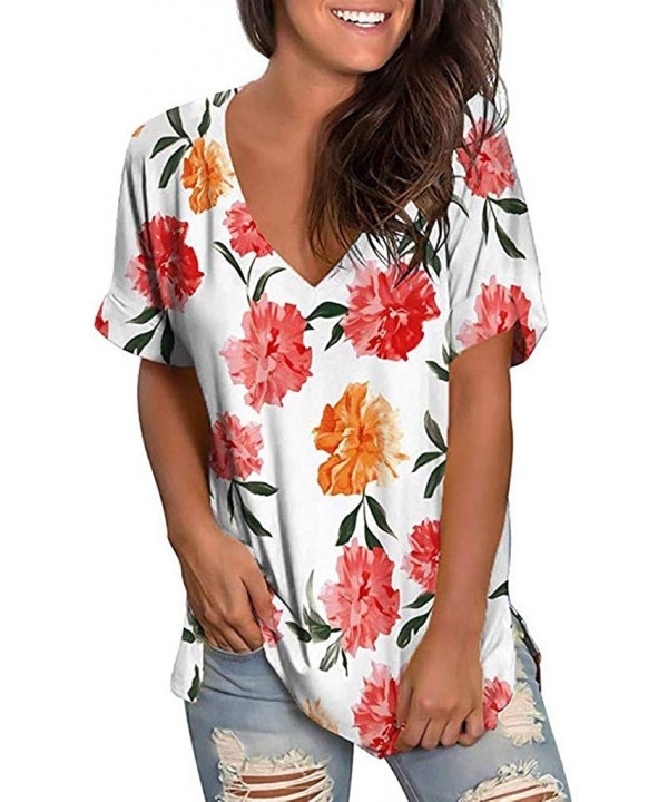 Womens Summer Short Sleeve T Shirts V Neck Tunic Roll Up Tops Cute Tees Loose Fitted Henley Workout Shirts White 2 - CB18TR3R...