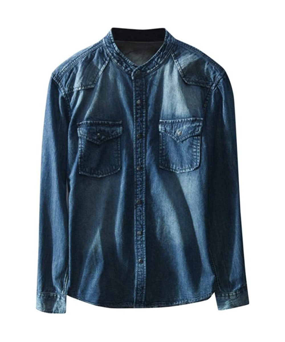 Men's Autumn Winter Casual Denim Long Sleeve Pockets Tops Blouse Shirts - Blue - C618XO26079 $33.21-Rash Guards