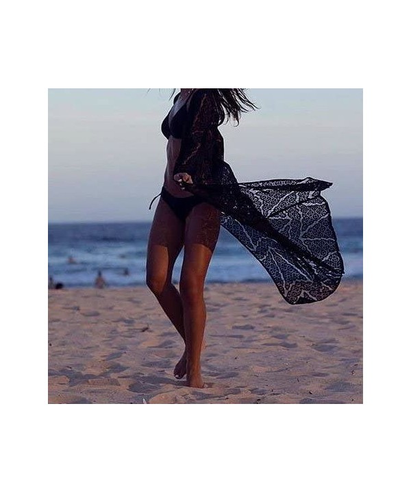 Womens Bikini Cover Ups Beach Coverup Swimsuits Sunscreen Long Top - Lace Wave Black - CP189Y86T5H $17.76-Cover-Ups