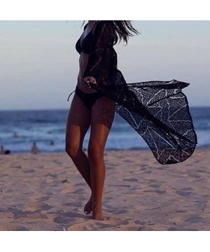 Womens Bikini Cover Ups Beach Coverup Swimsuits Sunscreen Long Top - Lace Wave Black - CP189Y86T5H $17.76-Cover-Ups