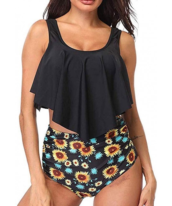 Women Two Piece Swimsuits Flounce Bathing Suit High Waisted Bottoms Tankini Floral Printed Beachwear - Black - CM19483COT9 $1...