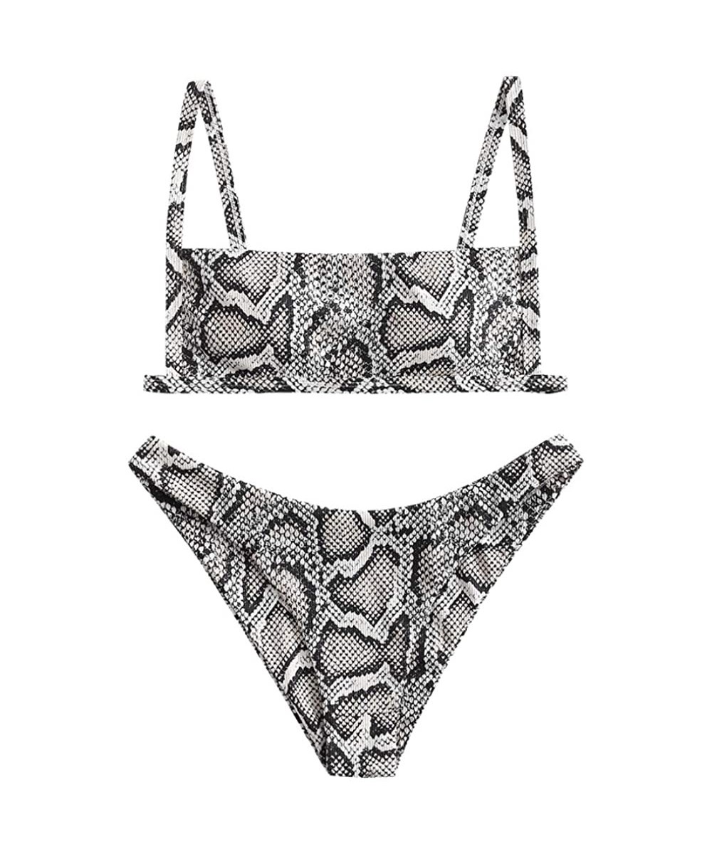 Women's Ribbed Square Neck Padded High Cut String Bikini Set Swimsuit - B-battleship Gray - CJ198XRZ0WU $14.81-Sets