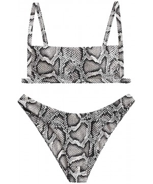 Women's Ribbed Square Neck Padded High Cut String Bikini Set Swimsuit - B-battleship Gray - CJ198XRZ0WU $14.81-Sets