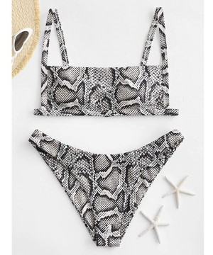 Women's Ribbed Square Neck Padded High Cut String Bikini Set Swimsuit - B-battleship Gray - CJ198XRZ0WU $14.81-Sets