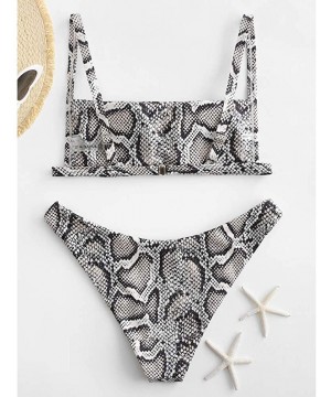 Women's Ribbed Square Neck Padded High Cut String Bikini Set Swimsuit - B-battleship Gray - CJ198XRZ0WU $14.81-Sets