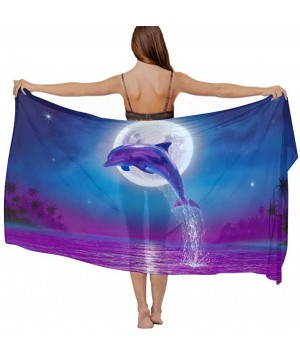 Women Girl Beach Bikini Cover Up Chiffon Sarong Fashion Scarf Shawl Wrap Dolphin Jumping Under Moonlight Purple Blue - CO190H...