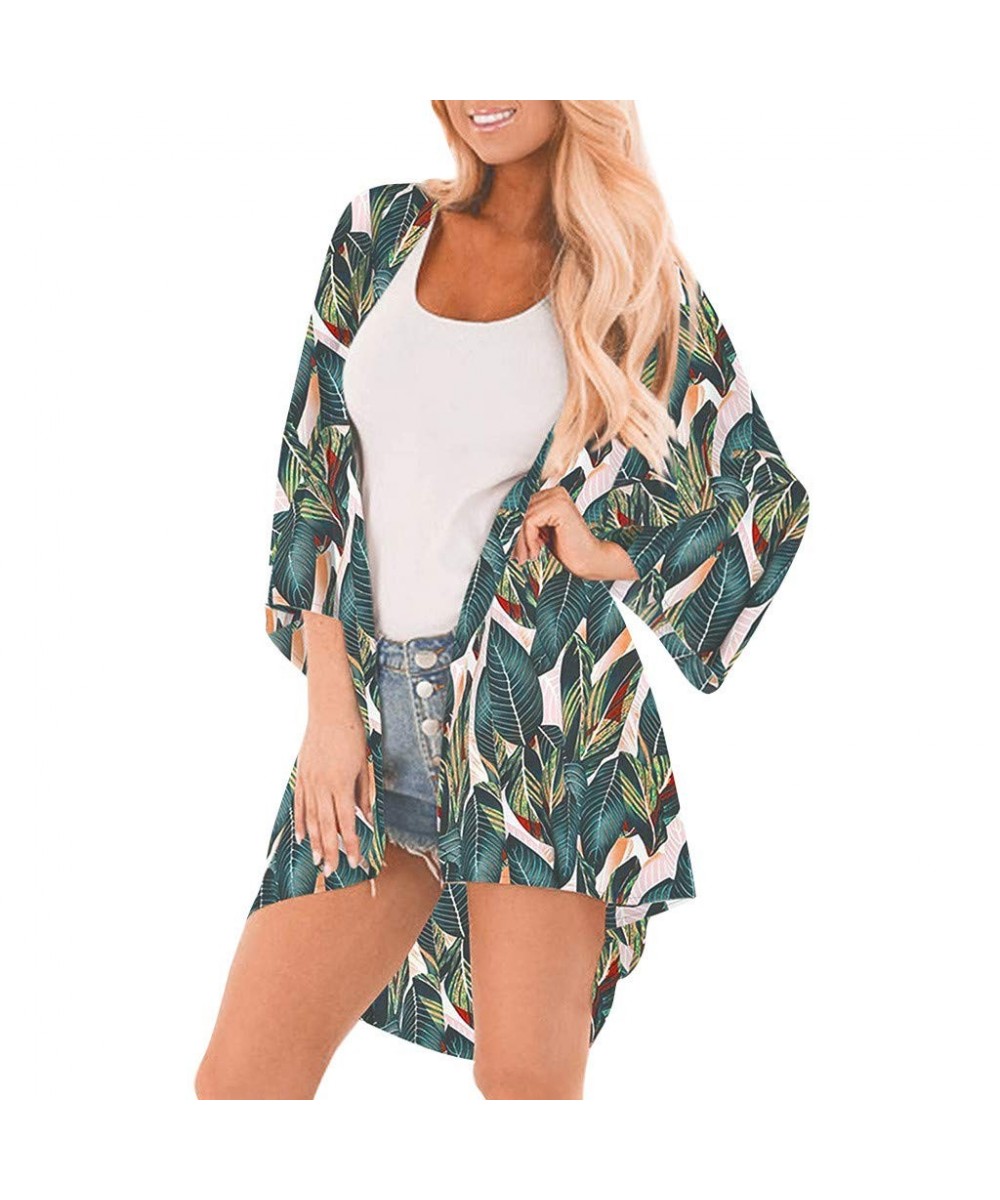 Womens Middle Sleeve Chiffon Print Sandy Beach Cardigan Smock Easy Blouse Tops- Women's midsleeved Printed Chiffon Beach Card...