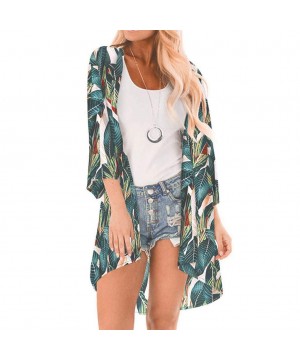 Womens Middle Sleeve Chiffon Print Sandy Beach Cardigan Smock Easy Blouse Tops- Women's midsleeved Printed Chiffon Beach Card...