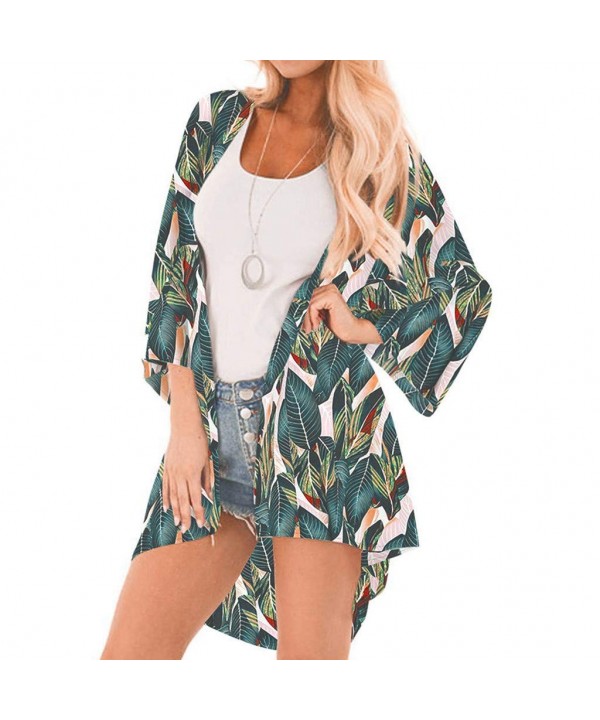 Womens Middle Sleeve Chiffon Print Sandy Beach Cardigan Smock Easy Blouse Tops- Women's midsleeved Printed Chiffon Beach Card...