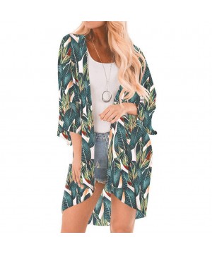 Womens Middle Sleeve Chiffon Print Sandy Beach Cardigan Smock Easy Blouse Tops- Women's midsleeved Printed Chiffon Beach Card...