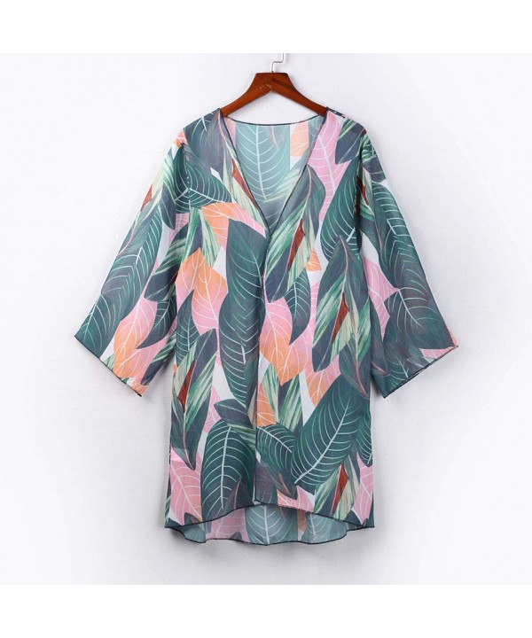 Womens Middle Sleeve Chiffon Print Sandy Beach Cardigan Smock Easy Blouse Tops- Women's midsleeved Printed Chiffon Beach Card...