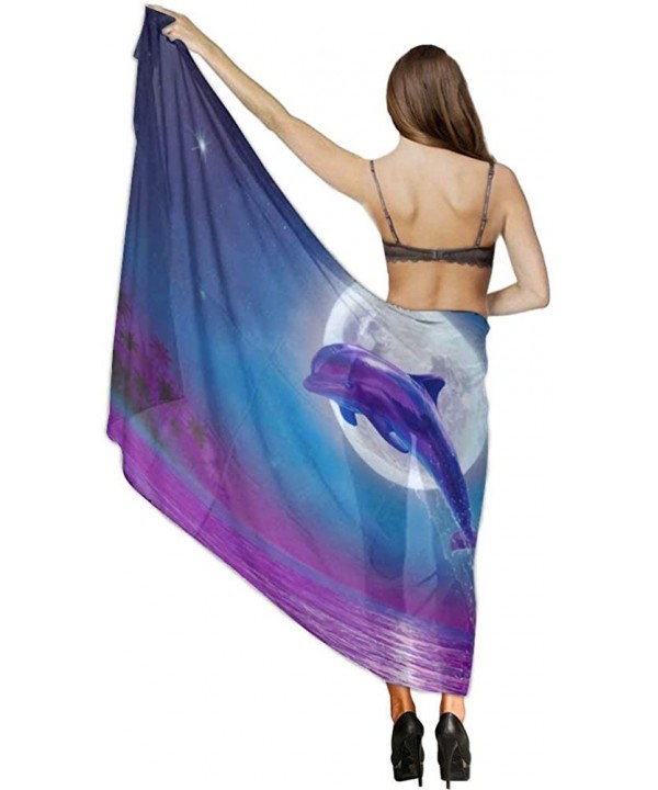 Women Girl Beach Bikini Cover Up Chiffon Sarong Fashion Scarf Shawl Wrap Dolphin Jumping Under Moonlight Purple Blue - CO190H...