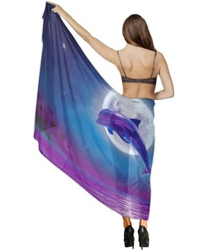 Women Girl Beach Bikini Cover Up Chiffon Sarong Fashion Scarf Shawl Wrap Dolphin Jumping Under Moonlight Purple Blue - CO190H...