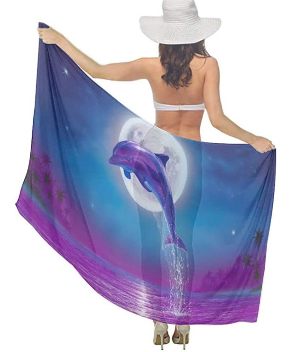 Women Girl Beach Bikini Cover Up Chiffon Sarong Fashion Scarf Shawl Wrap Dolphin Jumping Under Moonlight Purple Blue - CO190H...