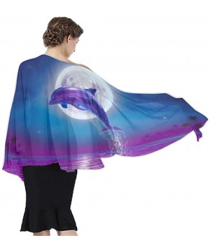 Women Girl Beach Bikini Cover Up Chiffon Sarong Fashion Scarf Shawl Wrap Dolphin Jumping Under Moonlight Purple Blue - CO190H...