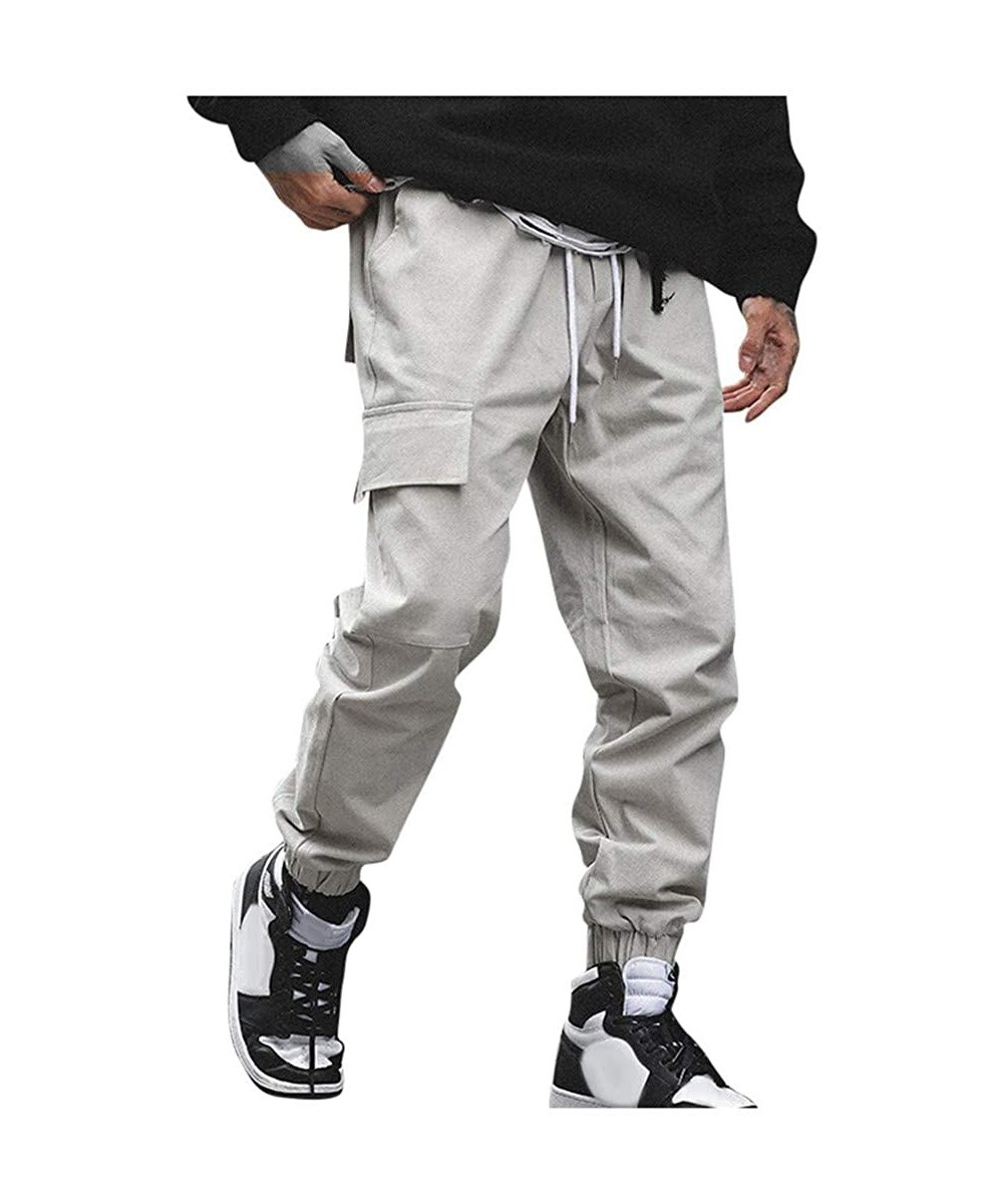 Men's Cargo Pant Relaxed Fit Elastic Waist Drawstring Jogger Trousers with Multi-Pockets - Gray - CU193LD22XA $28.18-Rash Guards