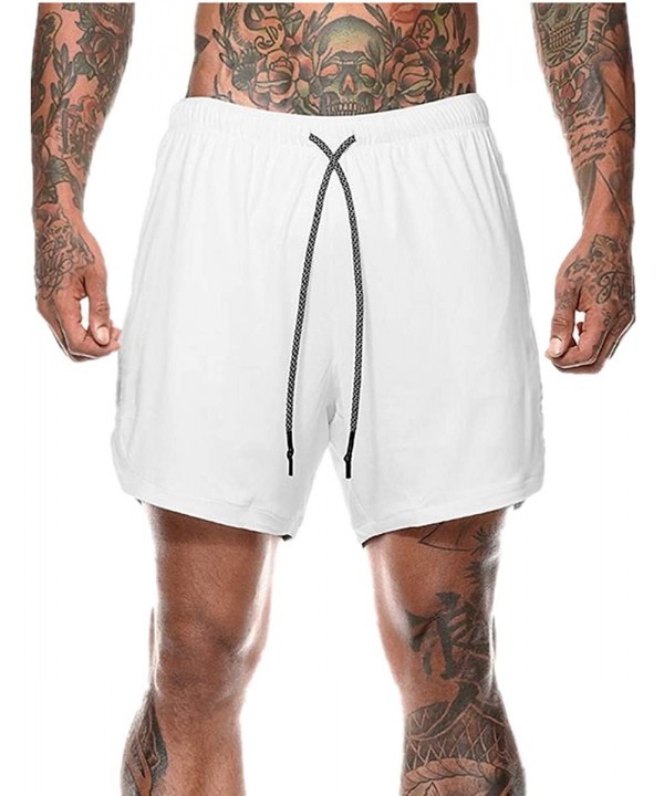 Men Running Shorts Workout Training Short with Inner Compression Short and Pocket - White - CG197EX4M0C $16.92-Trunks