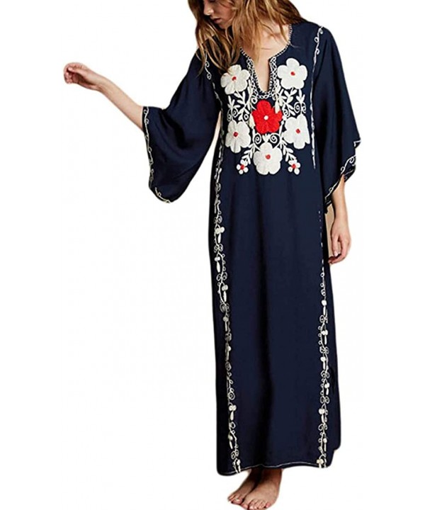 Women's Beach Blouses Kimono Floral Print Chiffon/Rayon Cardigan Long Bikini Cover Up Dress - Kaftans-embroidery Navy Blue - ...