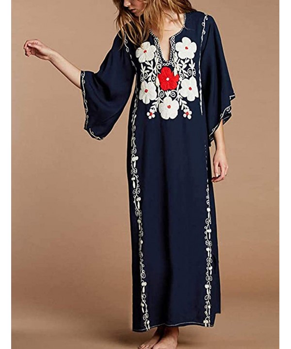 Women's Beach Blouses Kimono Floral Print Chiffon/Rayon Cardigan Long Bikini Cover Up Dress - Kaftans-embroidery Navy Blue - ...