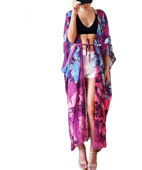 Women's Beach Cover Up Sheer Chiffon Broad Sleeves Kimono Cardigan Colorblock Blouse Robe Beach Dress - 45552 - CH18NHTXHTK $...