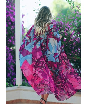 Women's Beach Cover Up Sheer Chiffon Broad Sleeves Kimono Cardigan Colorblock Blouse Robe Beach Dress - 45552 - CH18NHTXHTK $...