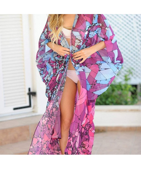 Women's Beach Cover Up Sheer Chiffon Broad Sleeves Kimono Cardigan Colorblock Blouse Robe Beach Dress - 45552 - CH18NHTXHTK $...