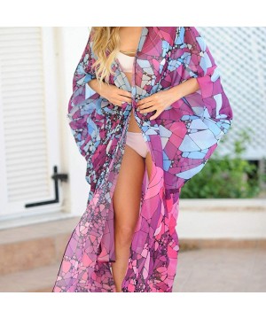 Women's Beach Cover Up Sheer Chiffon Broad Sleeves Kimono Cardigan Colorblock Blouse Robe Beach Dress - 45552 - CH18NHTXHTK $...