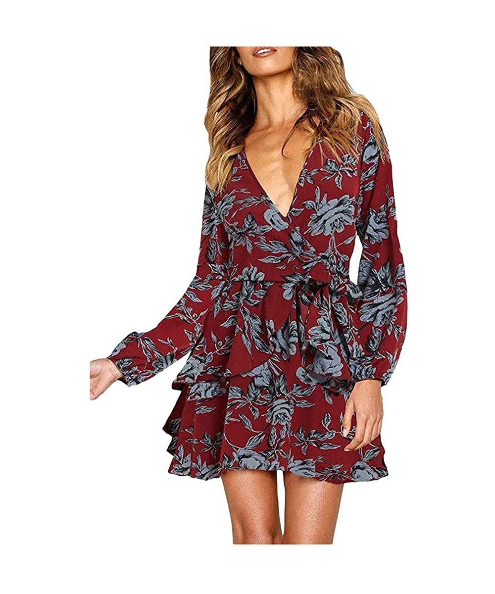 Women Dresses Women Casual Dresss Women Casual Dot Printing Round Neck Dress Long Sleeve Evening Party Dress Z 6 Wine - CE195...