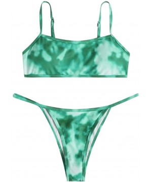 Women's Sexy Tie-Dye Bikini Set High Cut Leg Print Two Piece Swimsuit Sport Bandeau Bathing Suits - Green - CI199Y2E38D $12.9...