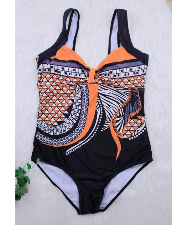 Women One Piece Flounce Swimsuit Floral Striped Deep V Push Up Bathing Suit Swimwear - A2-orange - CP18KHDZW3L $14.92-One-Pieces