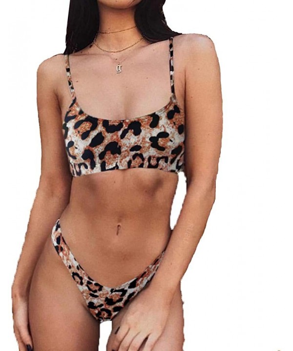 Women's Two Piece Leopard Snake Print Push Up Spaghetti Strap Bathing Suit High Cut Thong Bikini Swimsuit - Orange Leopard - ...