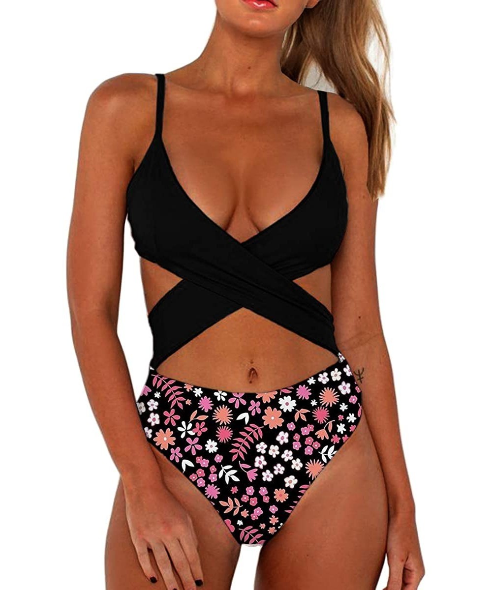 Women's Sexy Criss Cross High Waisted Cut Out One Piece Monokini Swimsuit - Black-floral - CC194HOMRKG $19.27-One-Pieces