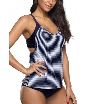 Women's Stripe Tankini Swimwear Blouson Two Piece Bathing Suit Set - Navy-stripe - CY18MCLNCWY $26.98-Tankinis