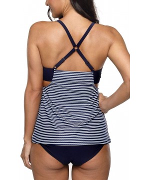 Women's Stripe Tankini Swimwear Blouson Two Piece Bathing Suit Set - Navy-stripe - CY18MCLNCWY $26.98-Tankinis