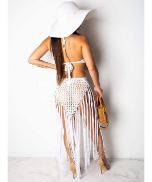 Womens Halter Crochet Tassel Swimwear Summer Beach Dress Bikini Cover Up - White - CL19CGL66EE $40.51-Cover-Ups