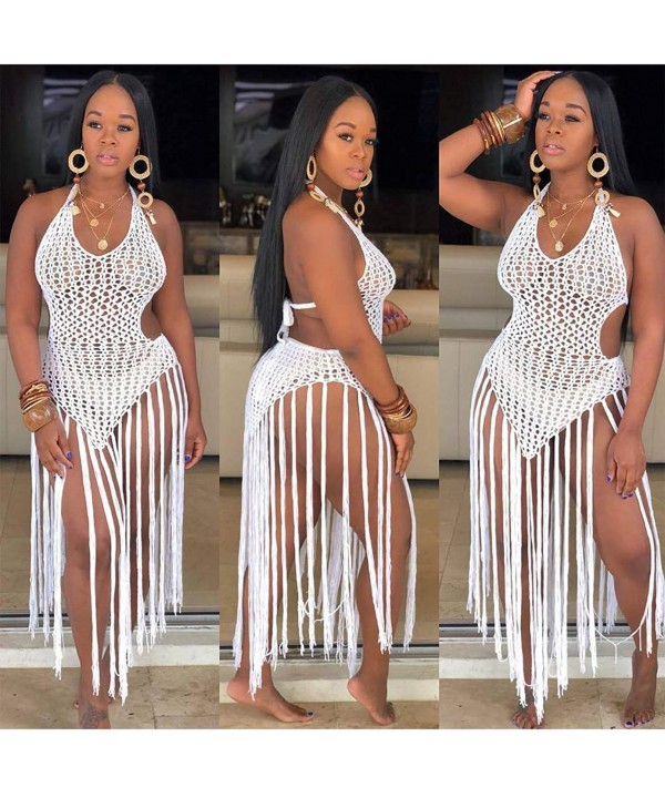 Womens Halter Crochet Tassel Swimwear Summer Beach Dress Bikini Cover Up - White - CL19CGL66EE $40.51-Cover-Ups