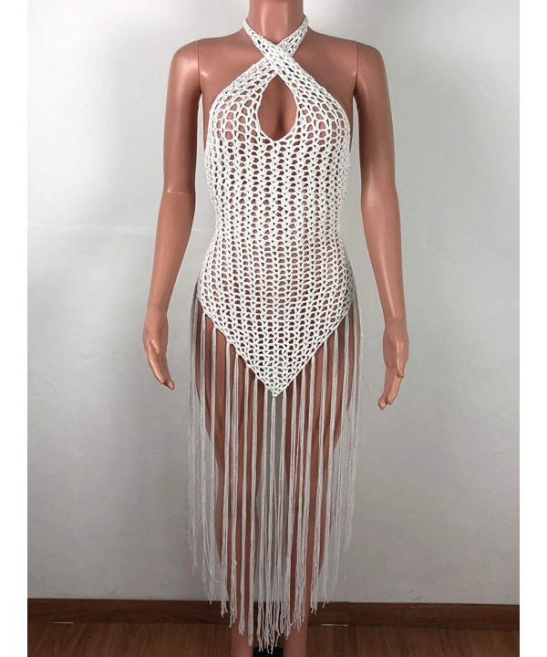 Womens Halter Crochet Tassel Swimwear Summer Beach Dress Bikini Cover Up - White - CL19CGL66EE $40.51-Cover-Ups