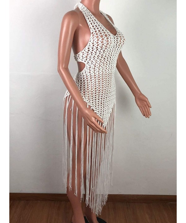 Womens Halter Crochet Tassel Swimwear Summer Beach Dress Bikini Cover Up - White - CL19CGL66EE $40.51-Cover-Ups