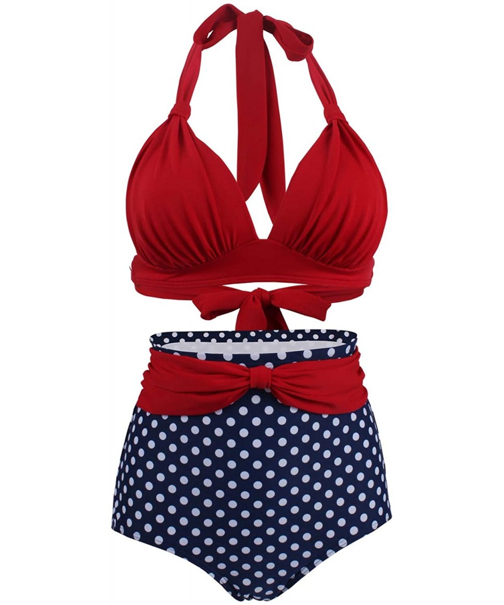 Womens Retro High Waisted Bowknot Halter Polka Dot Bikini Set Triangle Top Embellished Bottom 2 Piece Swimsuit Bathing Suits ...