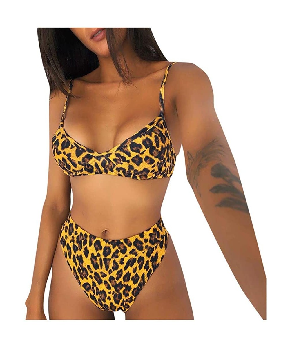 Women Two Piece Swimsuit Retro Stripe Leopard Sunflower Floral Print Ruched High Waist Bikini Sets - Brown - C6194MSN4HH $18....