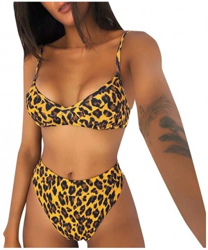 Women Two Piece Swimsuit Retro Stripe Leopard Sunflower Floral Print Ruched High Waist Bikini Sets - Brown - C6194MSN4HH $18....