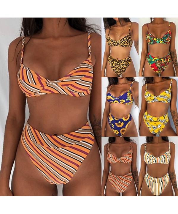 Women Two Piece Swimsuit Retro Stripe Leopard Sunflower Floral Print Ruched High Waist Bikini Sets - Brown - C6194MSN4HH $18....