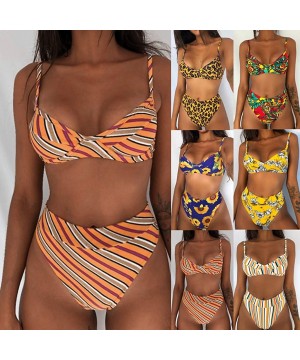 Women Two Piece Swimsuit Retro Stripe Leopard Sunflower Floral Print Ruched High Waist Bikini Sets - Brown - C6194MSN4HH $18....