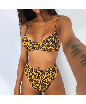 Women Two Piece Swimsuit Retro Stripe Leopard Sunflower Floral Print Ruched High Waist Bikini Sets - Brown - C6194MSN4HH $18....