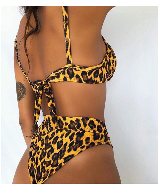 Women Two Piece Swimsuit Retro Stripe Leopard Sunflower Floral Print Ruched High Waist Bikini Sets - Brown - C6194MSN4HH $18....