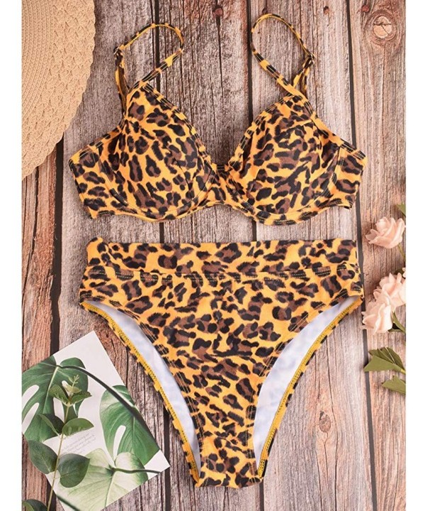 Women Two Piece Swimsuit Retro Stripe Leopard Sunflower Floral Print Ruched High Waist Bikini Sets - Brown - C6194MSN4HH $18....