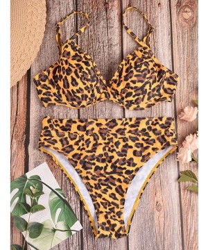 Women Two Piece Swimsuit Retro Stripe Leopard Sunflower Floral Print Ruched High Waist Bikini Sets - Brown - C6194MSN4HH $18....