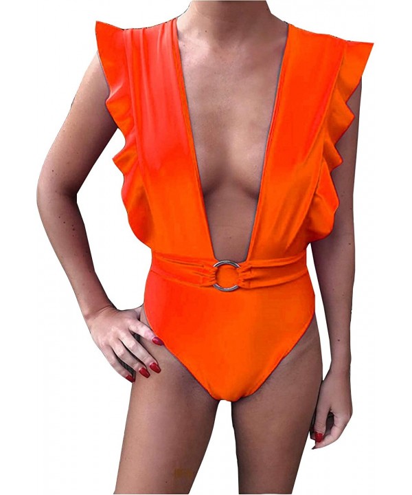 Women's Sexy One Piece Swimsuit Plunge V Neck Bikini Ruffles Bathing Suit Bikini Swimsuit Swimwear - Orange - C818TSZ6RO6 $15...