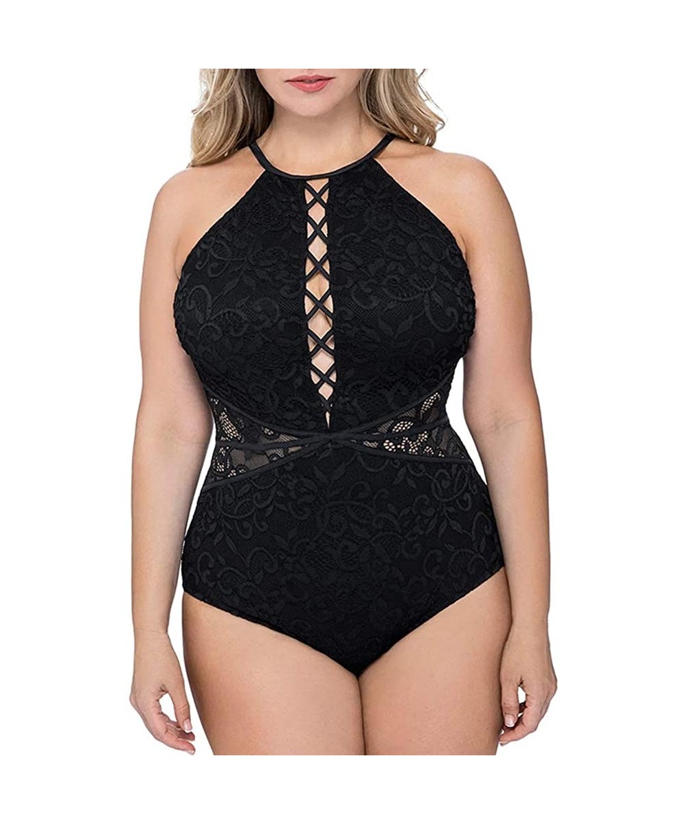 Womens Plus Size One Piece Swimsuit High Neck Floral Printed Monokinis Bathing Suit - Black C - CP18TN6I5XI $22.05-One-Pieces