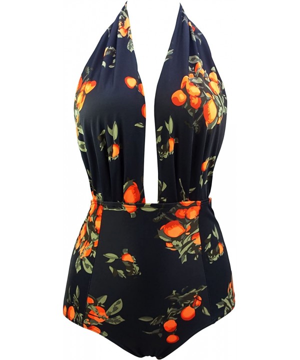 Retro One Piece Backless Bather Swimsuit High Waisted Pin Up Swimwear(FBA) - Black Tangerine - CU187IOT4M5 $23.71-One-Pieces